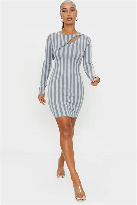 grey striped knitted bodycon mini dress prettylittlething