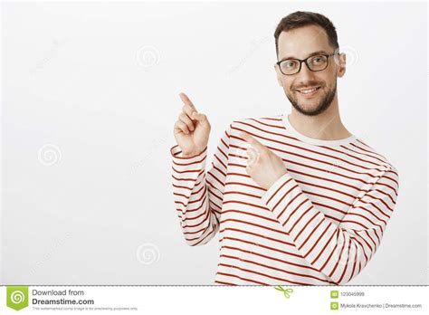 Cute Tender Adult Male Gay Model In Glasses Pointing At