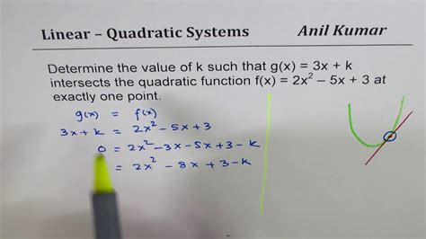Find K So That Linear Quadratic System Has Exactly One Solution Youtube