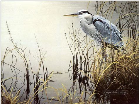 Bird In Grass Near Water Painting In Oil For Sale