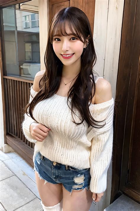 With Bangs、prety Woman、toothy Smile、large Boob、sexy Body、white Knitted