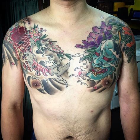 Neo Japanese Style Chest And Shoulder Tattoos