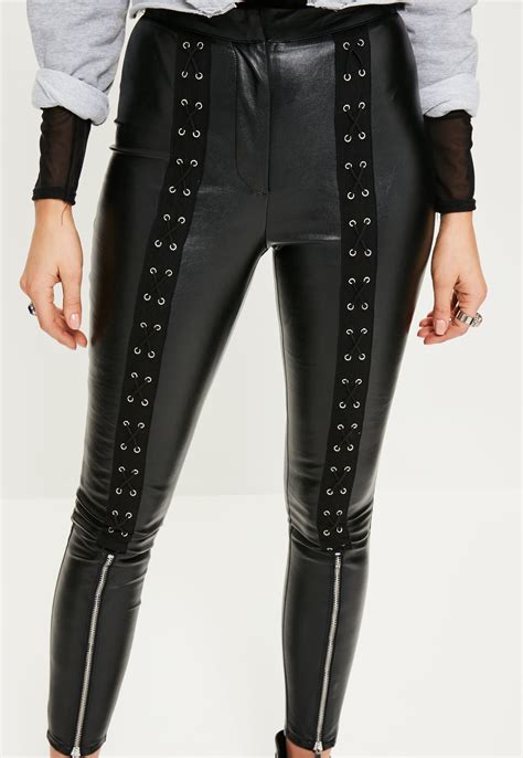 lyst missguided black lace up zip detail faux leather