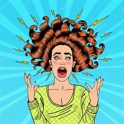 pop art aggressive furious screaming woman  flying hair  flash