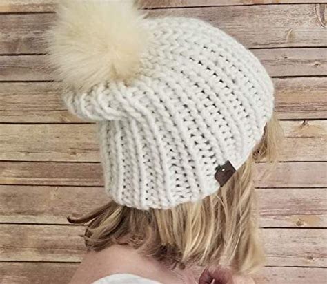 Womens White Chunky Beanie Hat Handmade With Faux Fur Pom