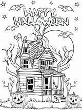 Haunted House Halloween Coloring Color Print Pages Bats Moon Adult Adults Ghost Lantern Pumpkins Trees Jack Dead Stars Pumpkin sketch template