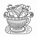 Coloring Capuchin Designlooter Monkeys Maharaja Tea Cup Vector Adult Garden Stock sketch template
