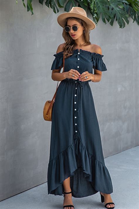 Button Down Maxi Dress With Off The Shoulder Design Dresses Everyday