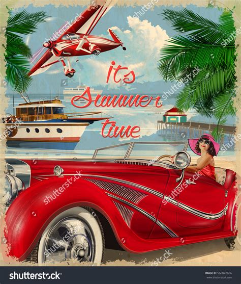 Vintage Summer Holidays Backgroundhappy Woman Driving