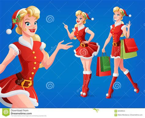 smiling girl in santa costume in different poses vector set stock