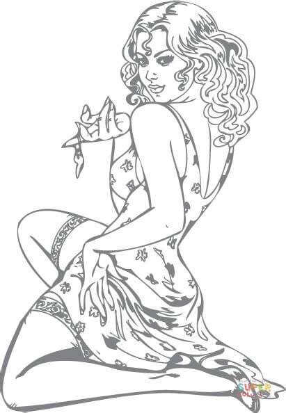 Lady Looking Seductive Holding A Key Coloring Page Free Printable