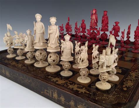 antique chinese lacquer board  ivory chess set