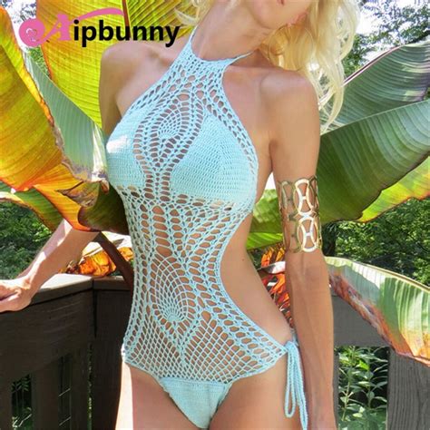 2018 Sexy Women Knitting Crochet Swimsuit Hollow Out High Neck One