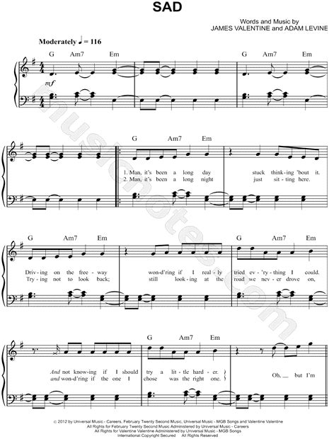 Maroon 5 Sad Sheet Music Easy Piano In G Major