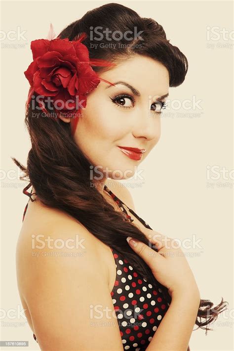 pinup girl classic vintage beautiful woman with retro hairstyle stock