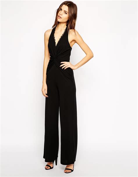 lyst lipsy halterneck jumpsuit with lace trim in black