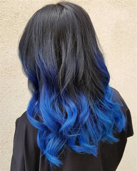 Bright Blue Balayage Highlights Blue Tips Hair Blue Ombre Hair Hair