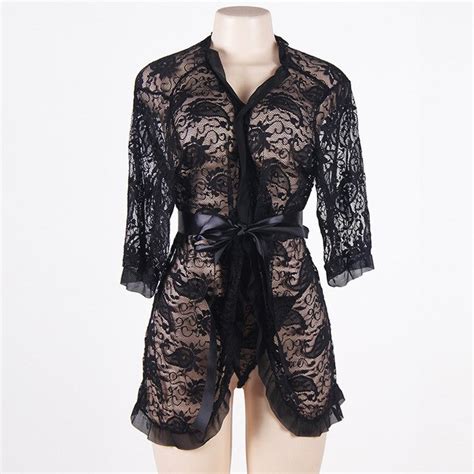 Hot Sexy Lingerie Plus Size Lace Black Kimono Intimate Sleepwear Robe
