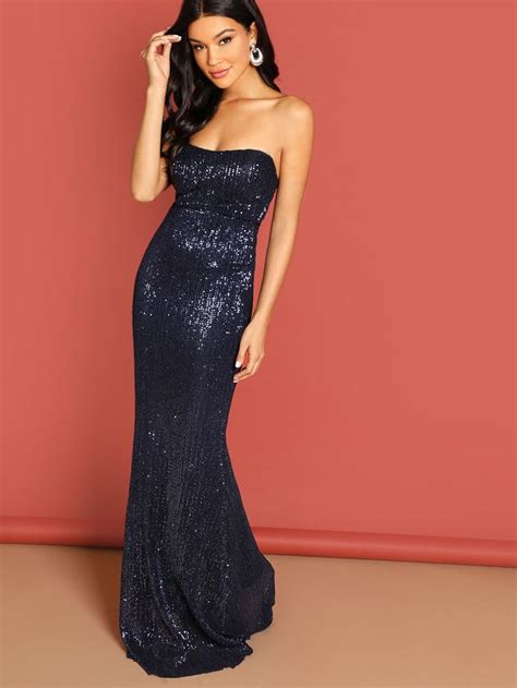 navy blue sleeveless sequin mesh strapless bodycon prom dress trendy