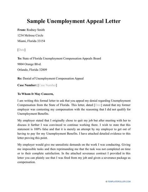unemployment appeal letter sample
