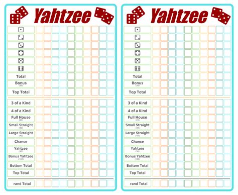 yahtzee score sheets color