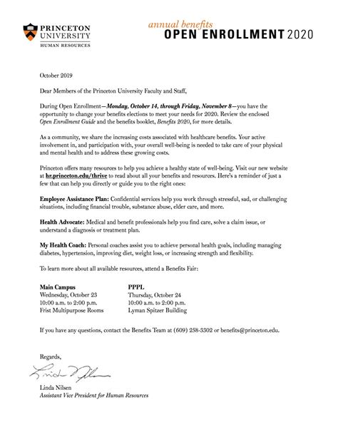 open enrollment cover letter  princeton university human resources
