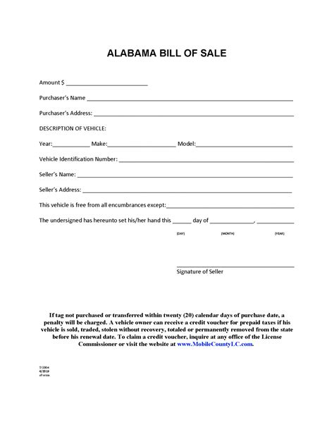 printable alabama vehicle bill  sale