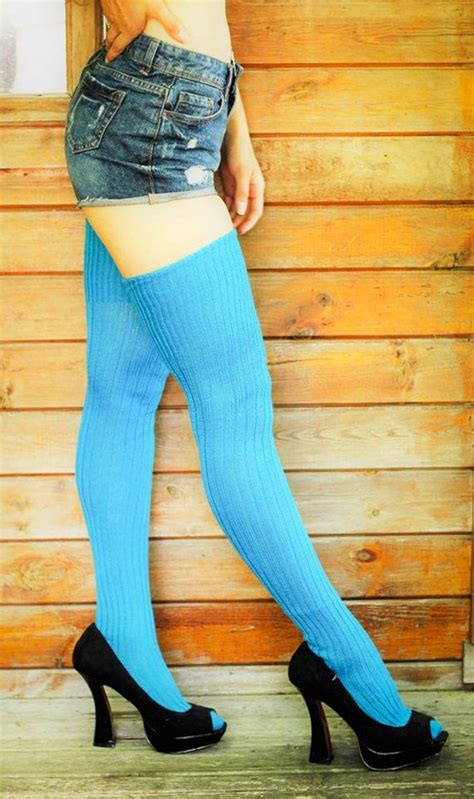 Bright Aqua Turquoise Ribbed Thigh High Socks Better Than