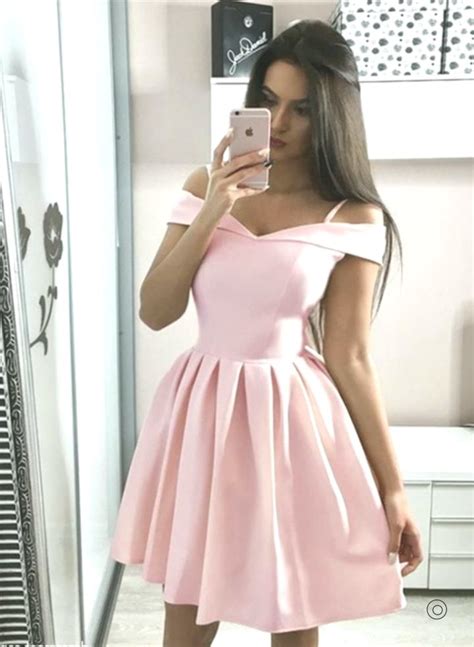 baby pink homecoming dress   shoulder hoco dresses short prom dress   school