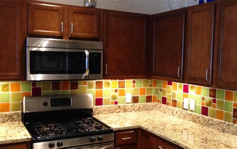 Recycled Glass Tile Backsplash Show In A Basic Kitchen With Cherry