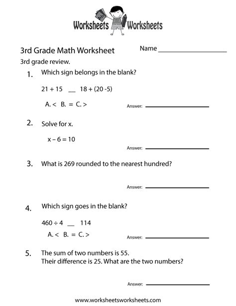 printable  grade math review worksheet