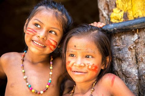 Native Brazilian Girls At An Indigenous Tribe In The