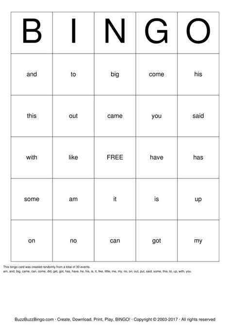 sight word bingo cards   print  customize
