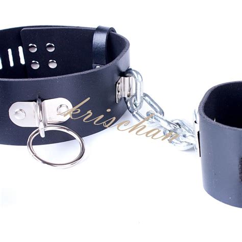 Black Leather Heavy Metal Chain Lockable Collar Handcuffs