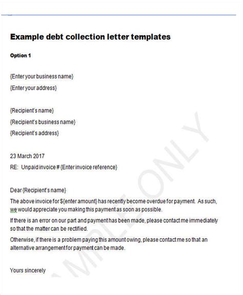 debt collection sample letters  master template
