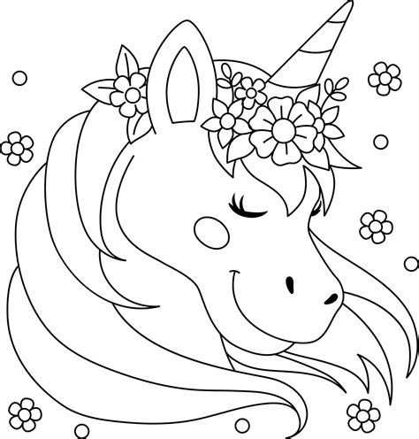 unicorn wearing  flower wreath coloring page  vector art