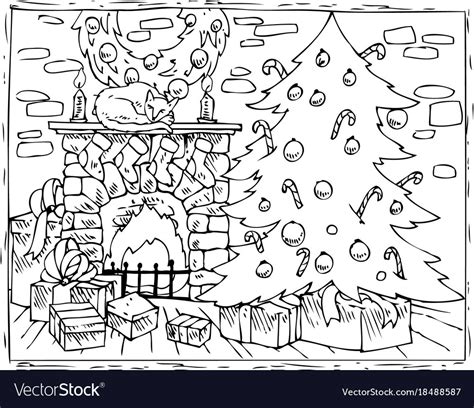 coloring book christmas tree fireplace  gifts vector image