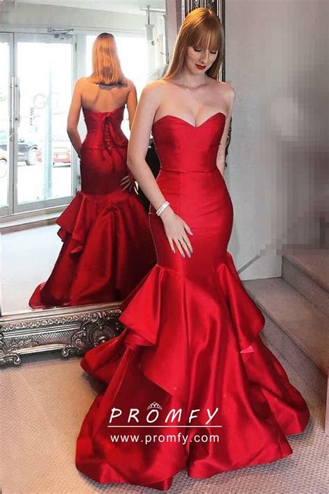 classic red satin strapless sweetheart ruffled mermaid formal dress