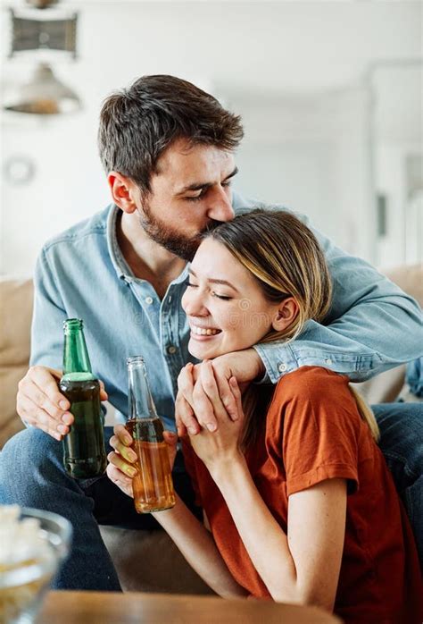 Love Young Couple Kissing Party Drinkbeer Happy Having Fun Stock Image