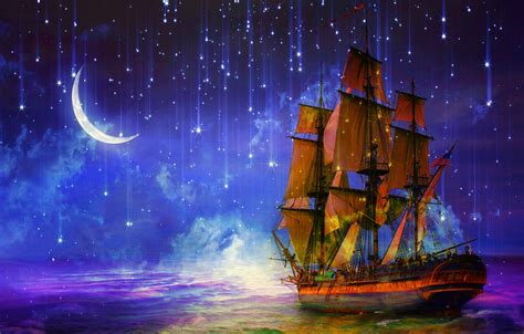 wallpaper sea night ship sailboat stars art crescent