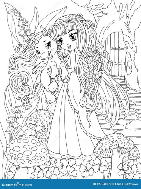 coloring page  unicorn  princess stock illustration