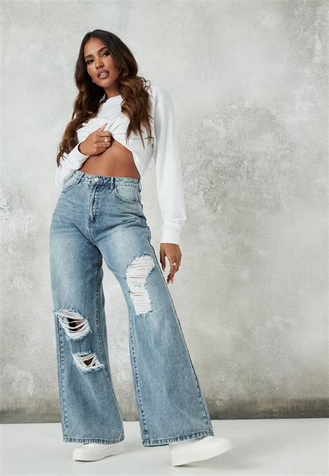 blue ripped wide leg jeans missguided