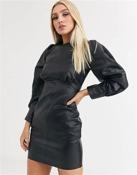 asos design leather  gathered shoulder mini dress black modesens latest fashion clothes