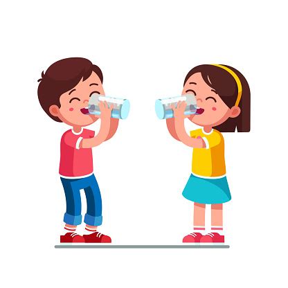 smiling standing preschool boy  girl kids enjoying drinking water