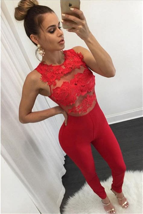 Women Sleeveless Mess Fitted Red Lace Jumpsuit Online
