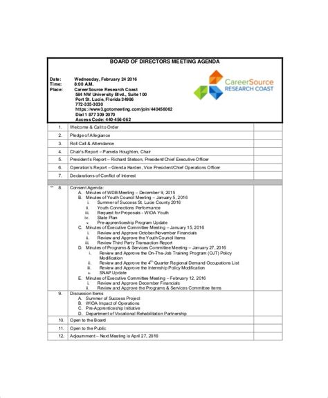 board  directors meeting agenda template
