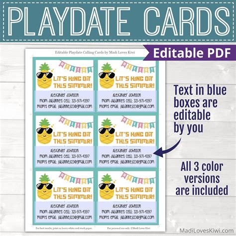 printable playdate card  kid pineapple summer play date card