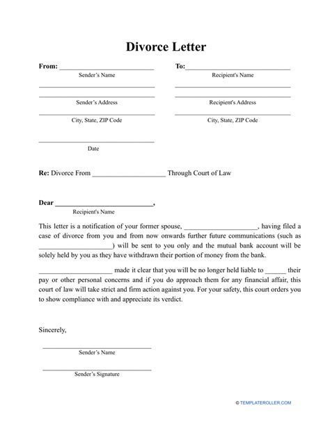 divorce letter template  printable  templateroller