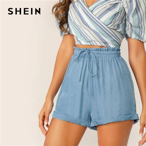 Shein Blue Drawstring Waist Cuffed High Waist Shorts Women Summer