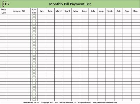printable bill payment list